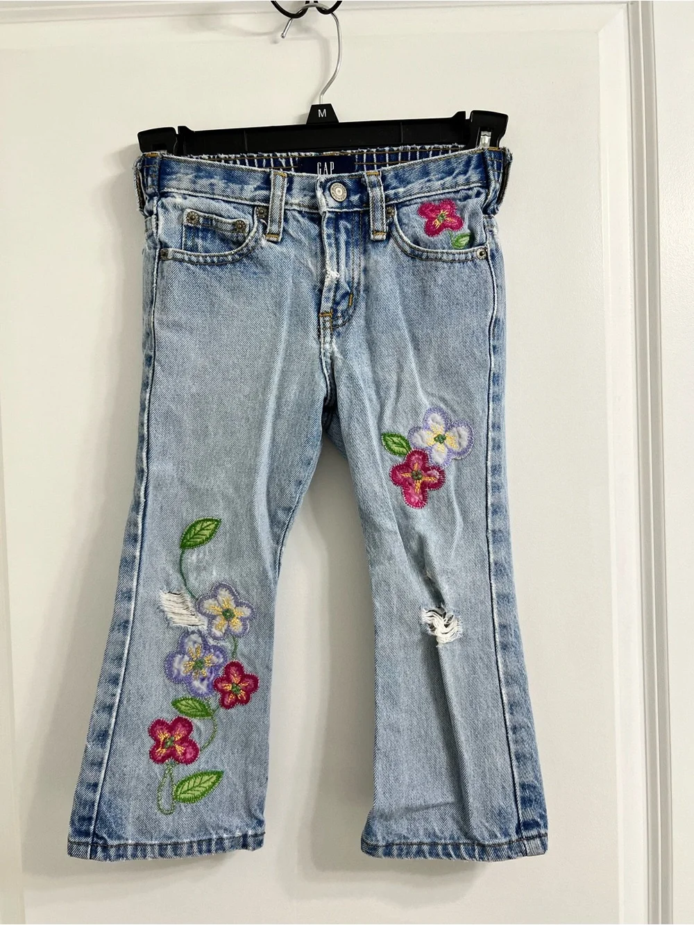 VTG 90s Y2K Toddler Gap Floral Embroider Distressed Denim Jean Snap Button Sz 3
